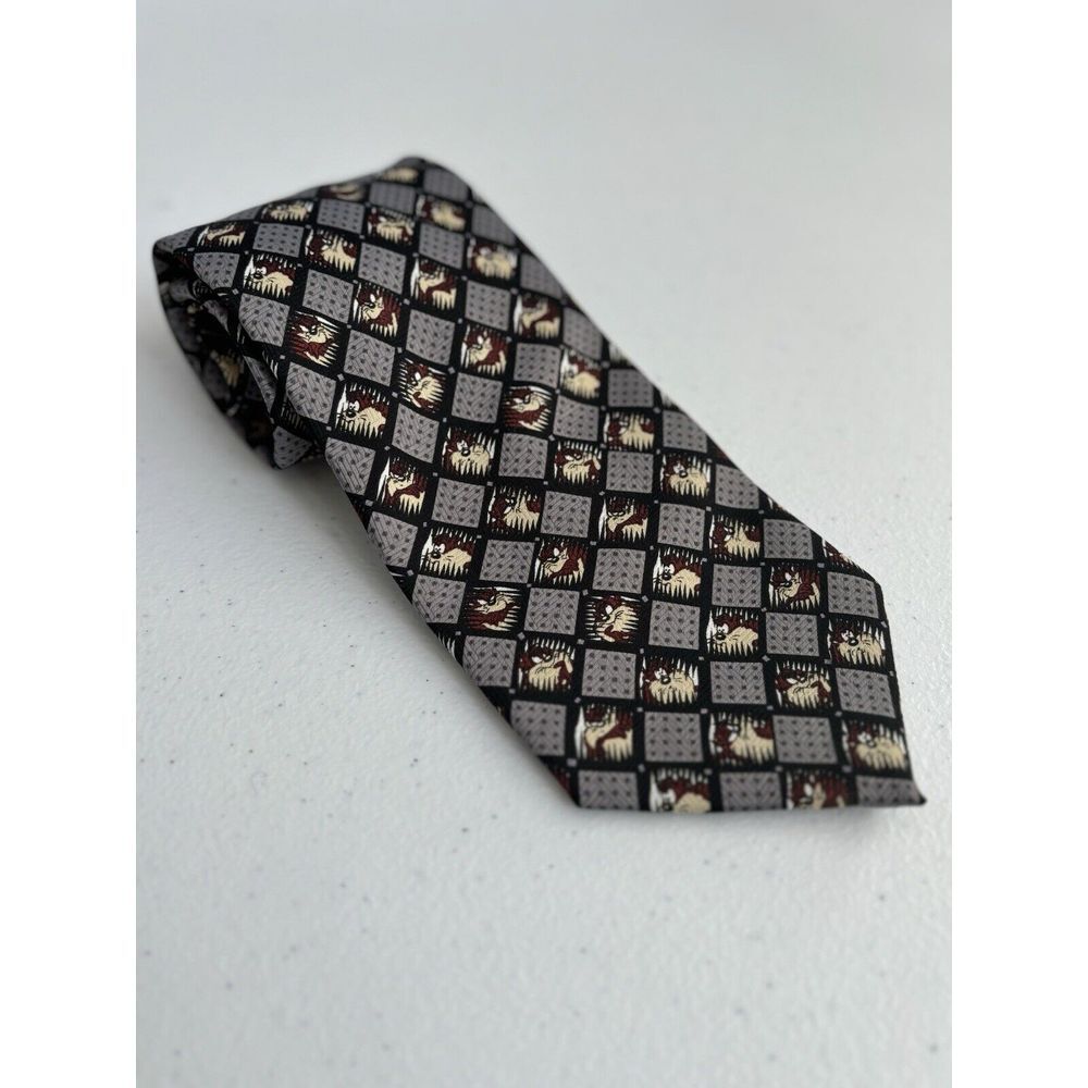 Looney Tunes Men's Gray Black Diamond Argyle Taz Graphic Print Traditional Tie‎